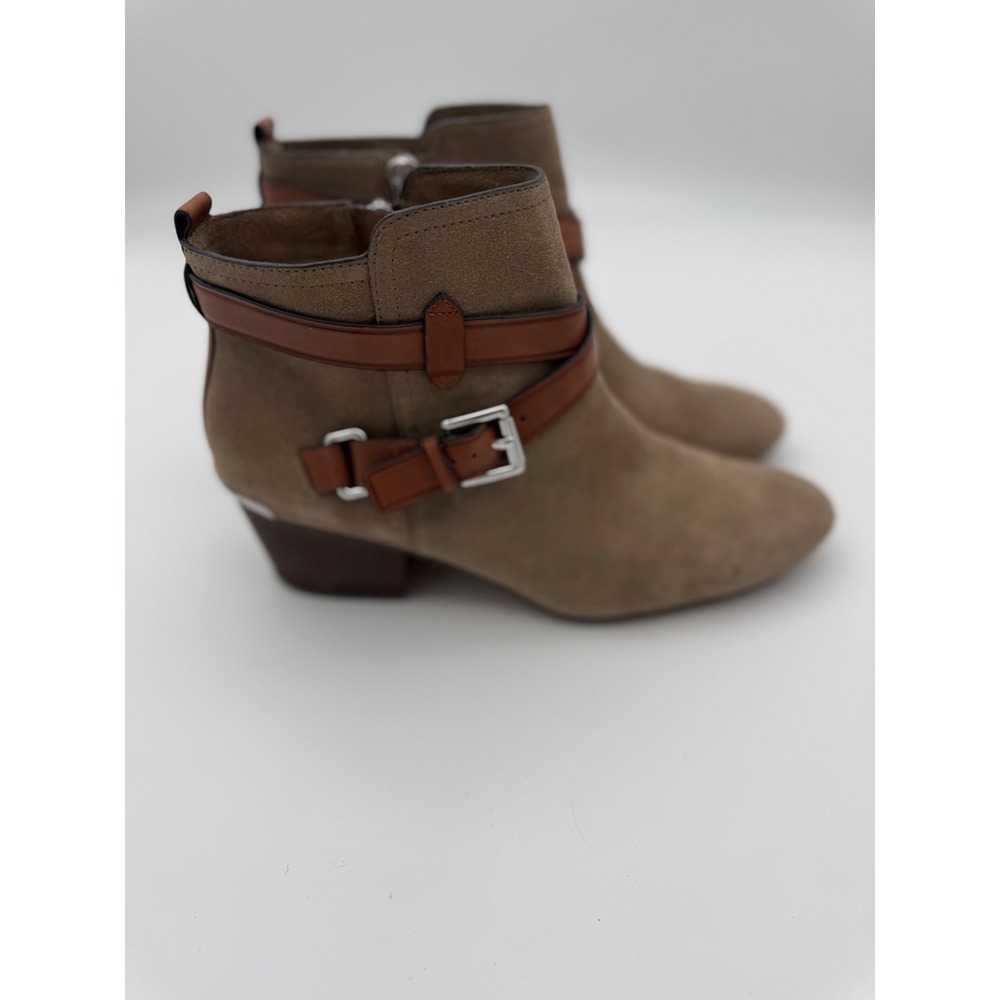 Coach Pauline Suede Ankle Boots Olive Taupe Brown Leather Buckle Strap 8.5 A8984